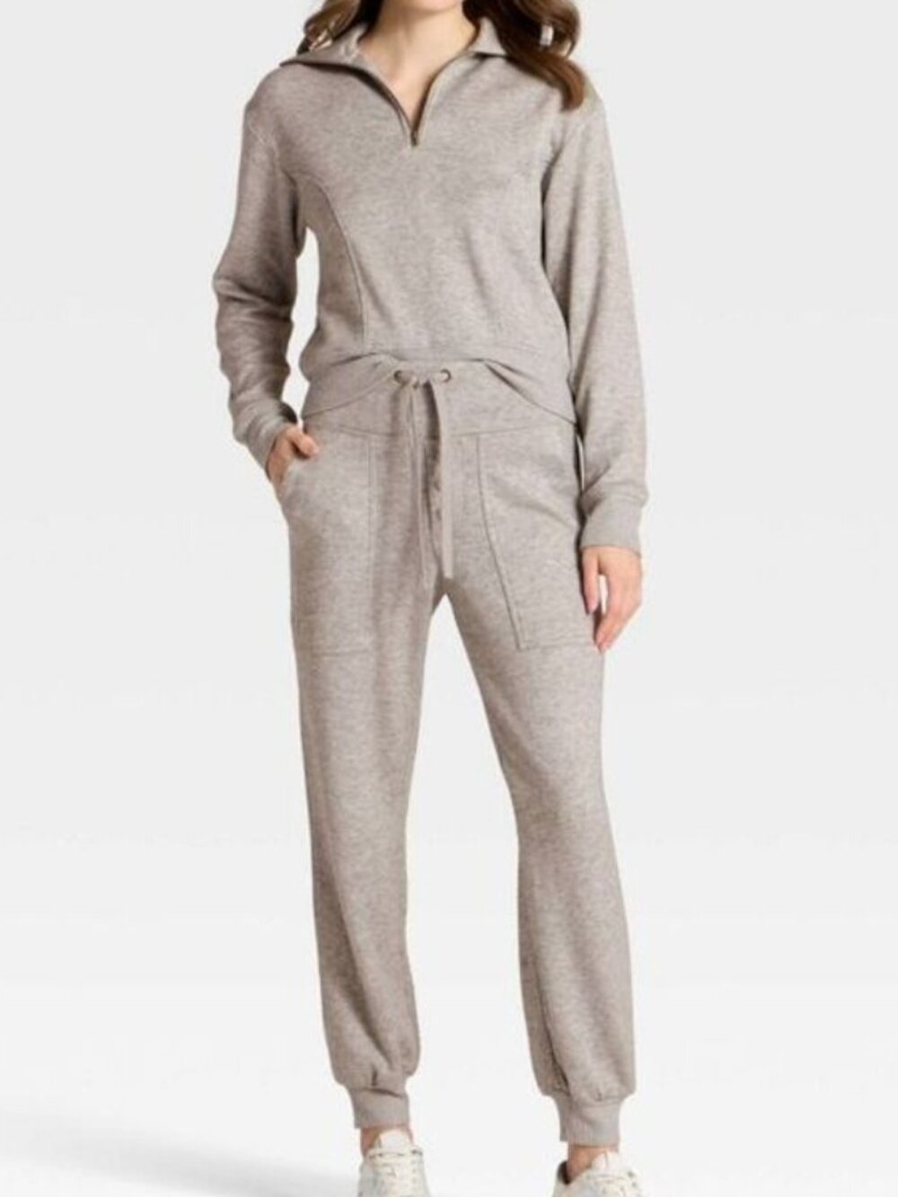 Universal Thread Quarter Zip Pullover + Joggers Matching Set Grey Beige Sz Small